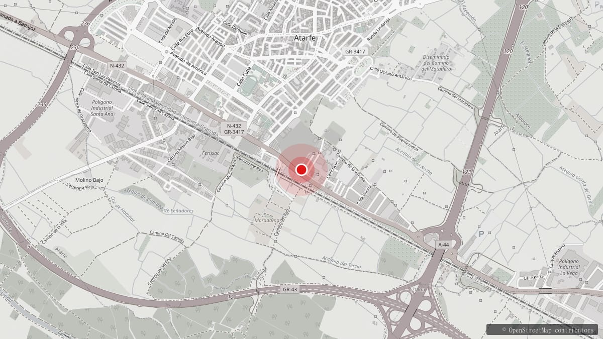 Mapa de Atarfe con la ubicación de Vehículos Low Cost Torres marcada junto a la N-432, carretera de Córdoba
